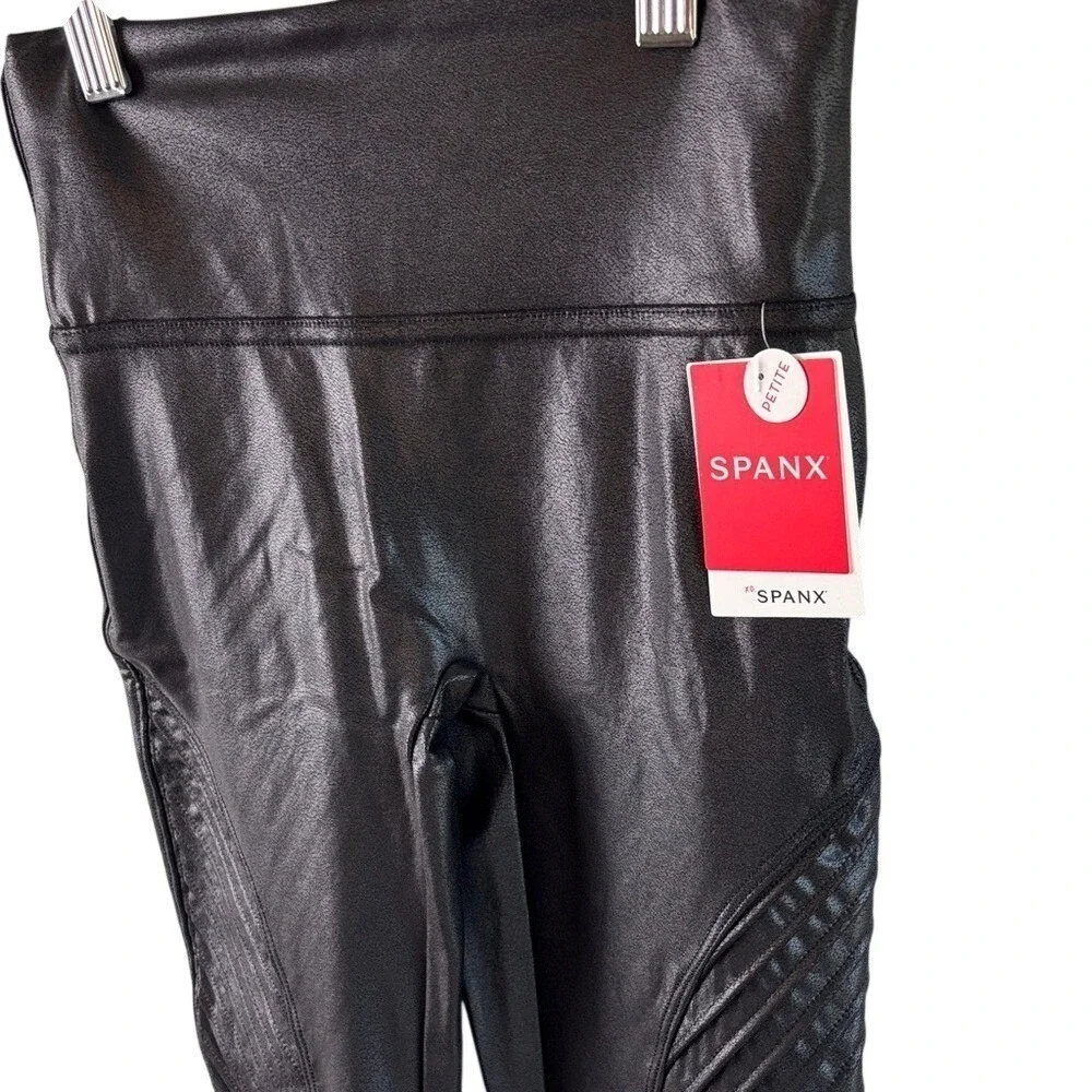 SPANX Leggings Moto Black Faux‎ Leather Look XS Petite New with Tags